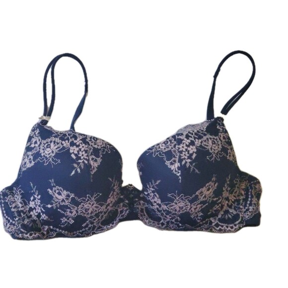 Victoria Secret Demi Padded Bra 34B ID# 36007072 Navy Pink Lace Bows Push Up - Picture 1 of 11